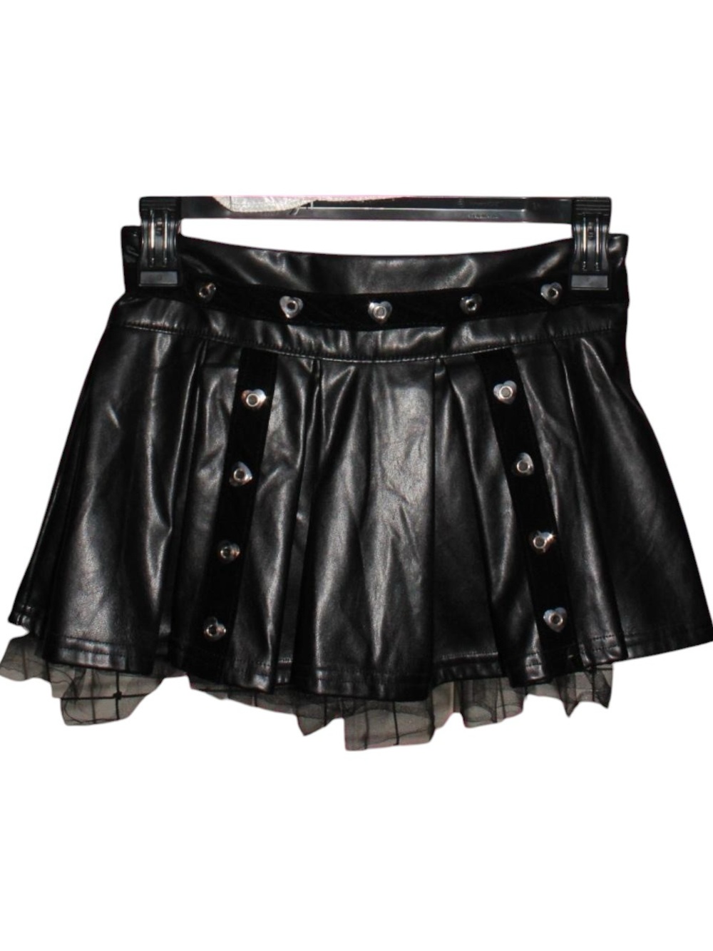 Black faux leather studded pleated mini skirt with mesh lining and velvet piping